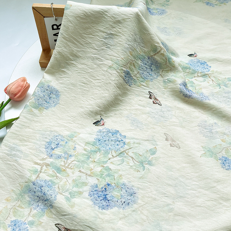 New Chinese Style Butterfly Hydrangea Digital Printed Brocade Cotton Fabric Chinese Style Cheongsam Dress Top Hanfu Fabric