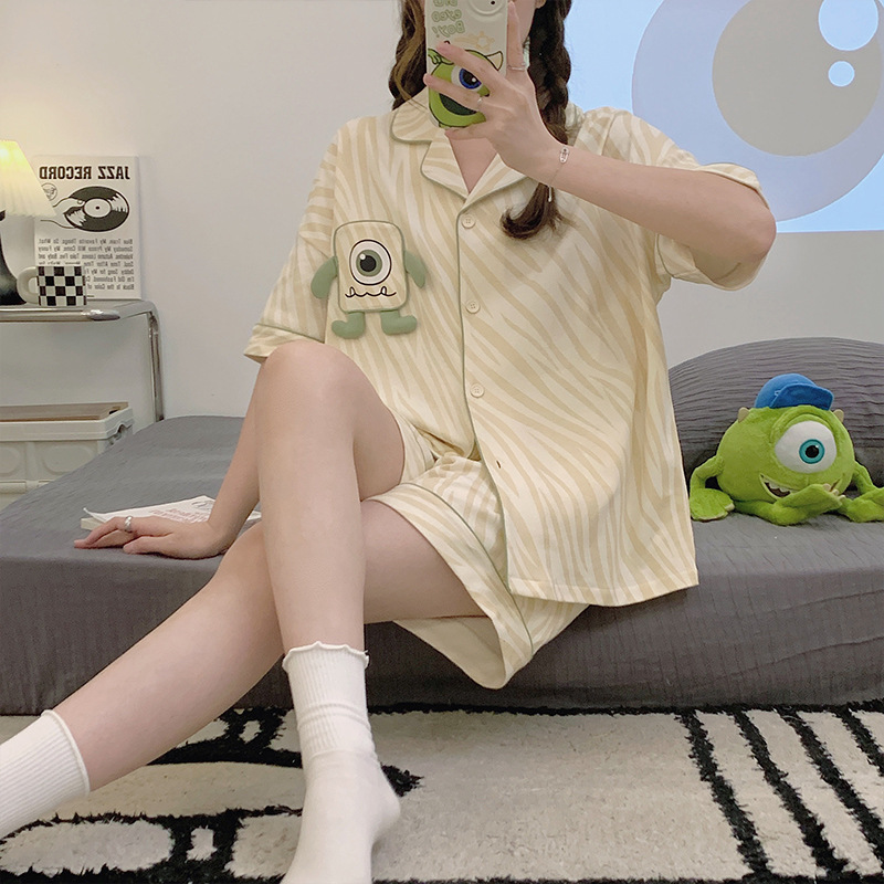 Pajamas Women's Summer Short-sleeved Cardigan Suit Short-sleeved Casual Cartoon Summer Sweet Cute Home Clothes Outwear