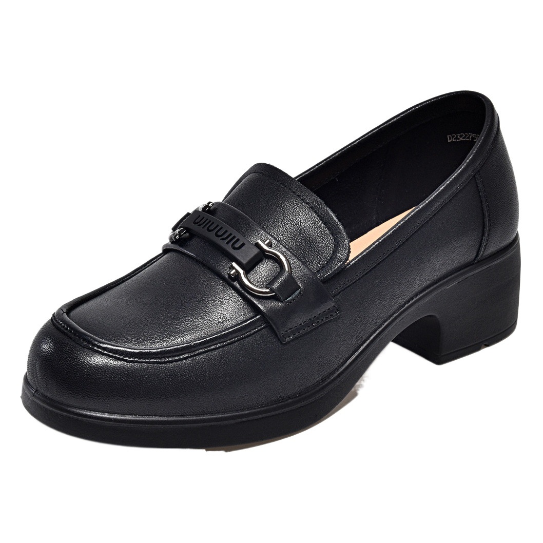 Round-Toe Slip-On Loafers for Women 2025 Spring First-Layer Cowhide Metal Buckle Thick Heel Flats Small Leather Shoes Physical Exclusive Supply