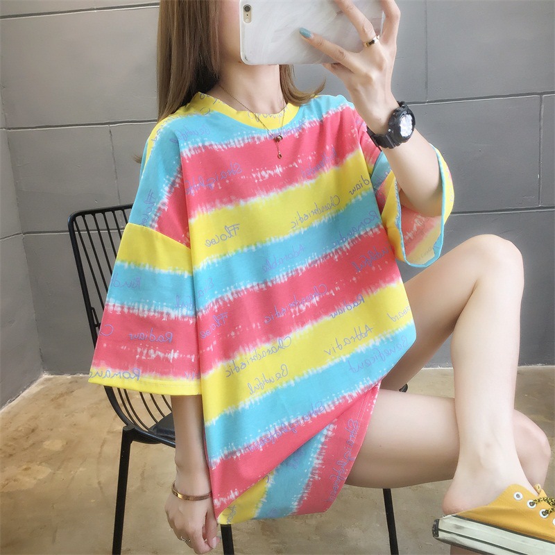 Colorful Striped Contrast Color Summer 202 New Large Wide Women's Top Women's Short Sleeve T-Shirt Round Neck Base Shirt