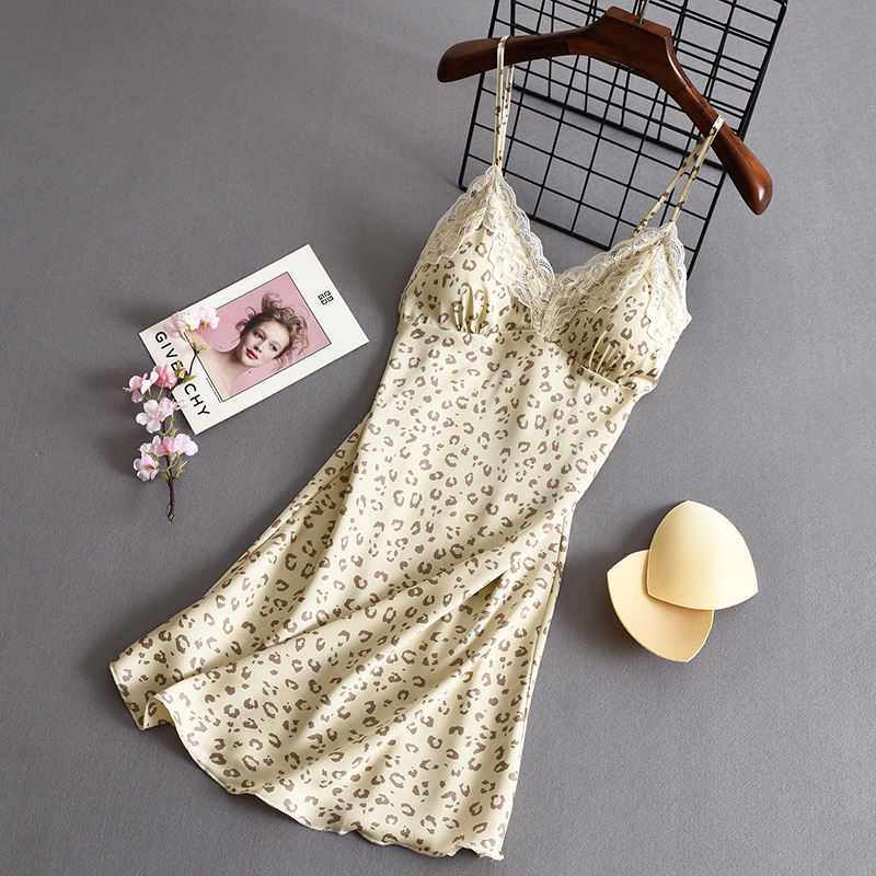 Leopard print sling pajamas for Women summer autumn thin sexy with chest pad Ice Silk short skirt summer lace nightdress for women