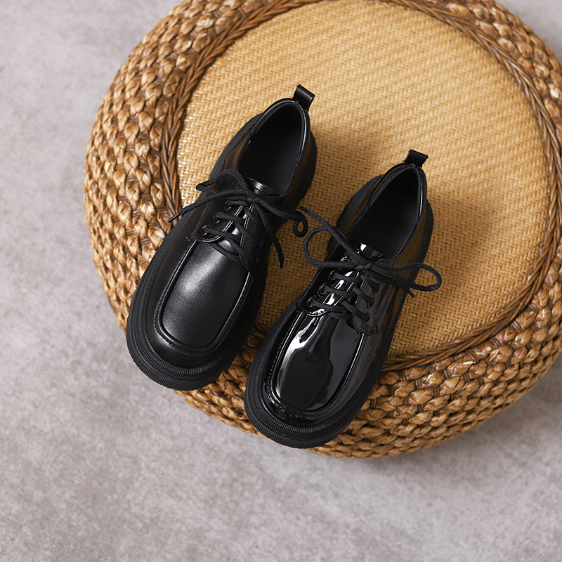 Women's thick-soled height increasing leather shoes spring and autumn 2024 new black jk single-layer shoes British style matte lace-up shoes