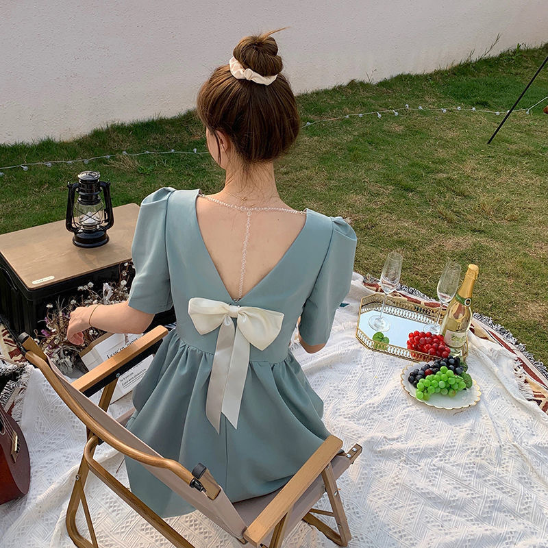 Picture of Korean style cross-border new French backless waist slimming design bow short sleeve high-end dress women's clothing