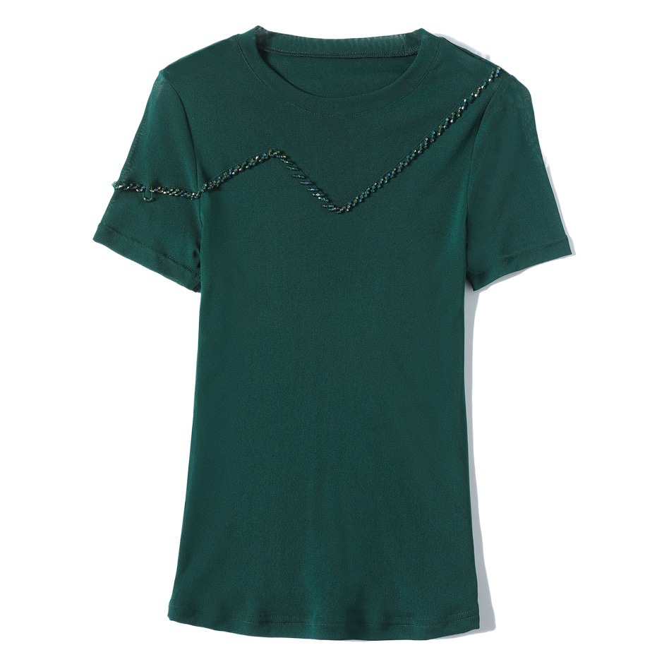 2023 Summer new fashion all-match slim round neck stitching beaded short sleeve mesh bottoming shirt T-Shirt wholesale