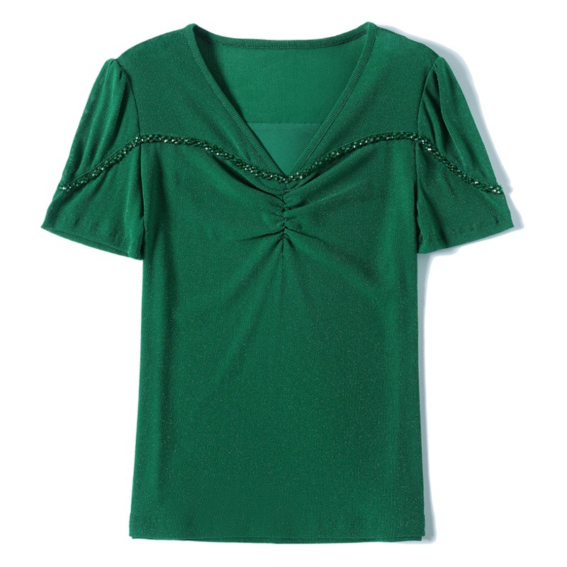 2023 Summer new style Joker V-neck slim slim beaded bright silk mesh base shirt T-shirt women Wholesale