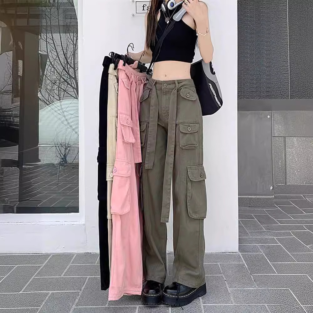 2024 New American Style Retro Multi-Pocket Old Crowdwork Pants Women's Cool Street Loose Slimming Straight Trendy Pants