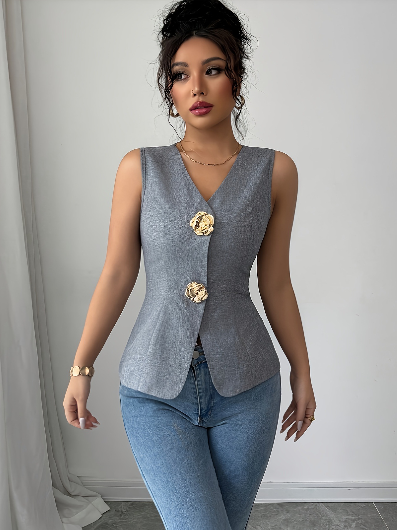 In-Stock 2025 Summer New European and American Cross-Border Solid Color Sleeveless Rose Button Slim-Fit Vest for Commuting