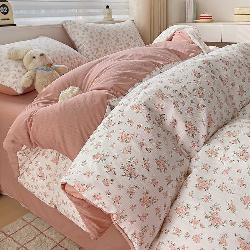 Picture of Class A Maternal and Infant Grade Fresh Small Zhu Cotton Four-piece Set Washed Cotton Bed Sheet Quilt Cover Three-piece Set for Student Dormitory