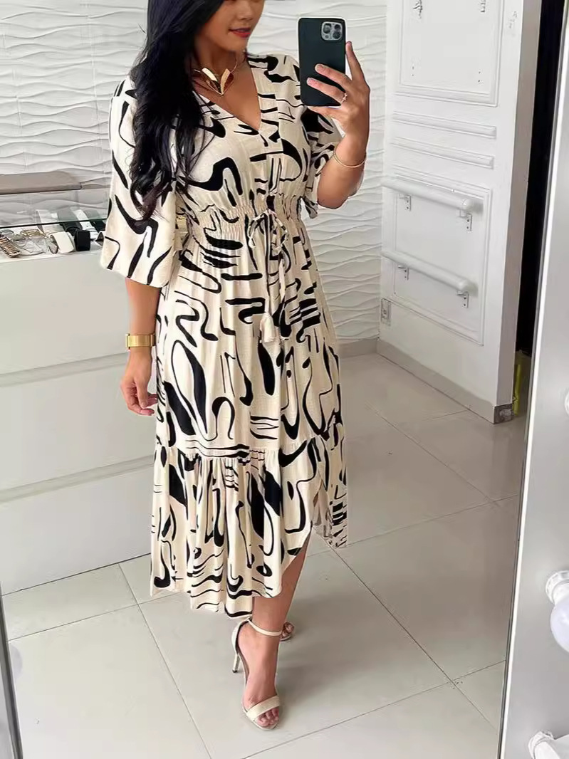 European Station 2024 Summer New Printed V-Neck High Waist Lace-Up dress Trumpet Mid-Sleeve Ruffled Split Long Dress