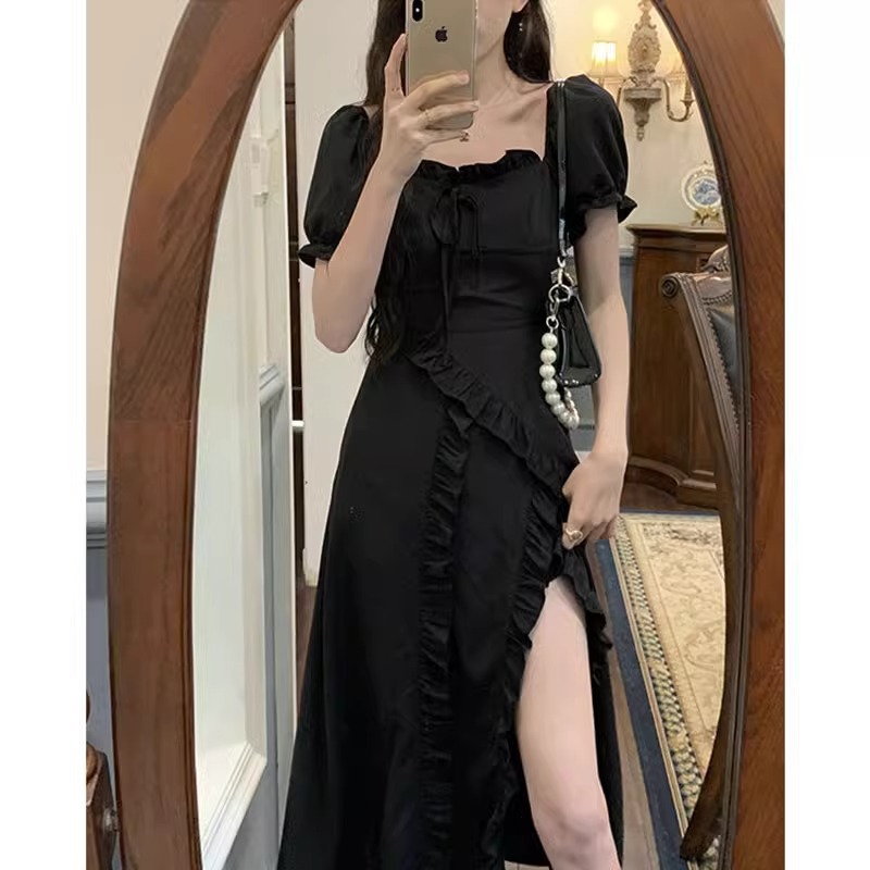 Picture of French Hepburn Style Black dress Women's Summer Xiazhong Design Irregular Split Skirt Slim-fit Skirt