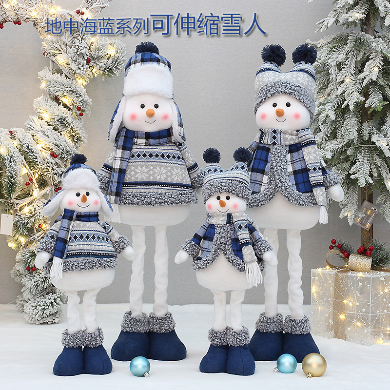 New cross-border blue Christmas snowman decorations Lei Feng hat plush fabric retractable snowman standing doll