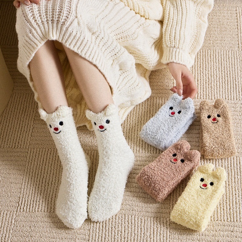 Autumn and Winter Solid Color Animal Coral Fleece Socks Thickened Warm Three-dimensional Ear Embroidered Adorable Hair-free Women's Socks