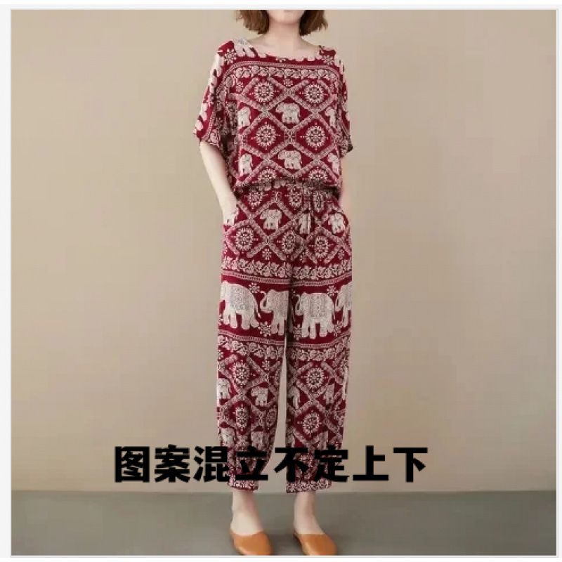 2025 suit Women's Summer New Mother's Summer Dress Loose Belly Covering Top Leg Pants Casual plus size Two-piece Set