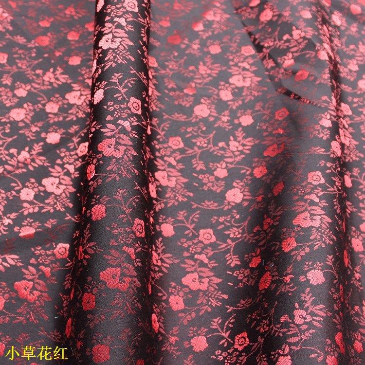 Picture of Black Background with Small Red Flowers Jacquard Fabric, Black Rayon Small Flower Shoes, Hats, Bags, Clothing Fabric, Jacquard Fabric