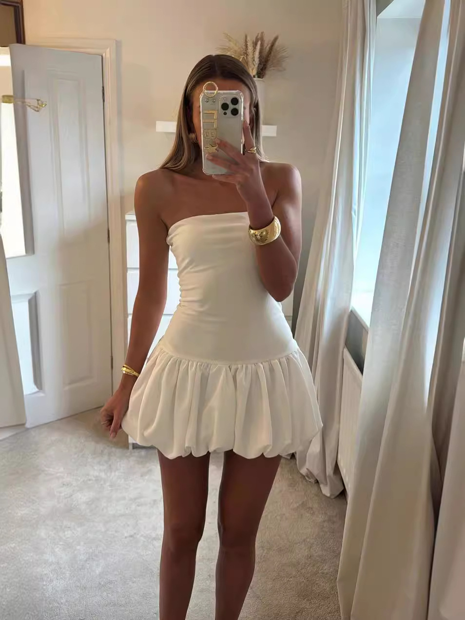 Cross-border European and American 2024 Spring and Summer Sexy Strapless Solid Color Contrast Color Flower Bud Mini Skirt