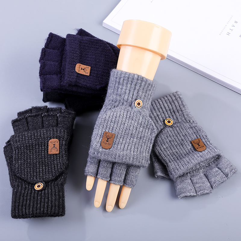 Men's Half-Finger Gloves Winter and Winter Knitted Wool Fingered Students Writing Warm Office Korean Handsome Fleece