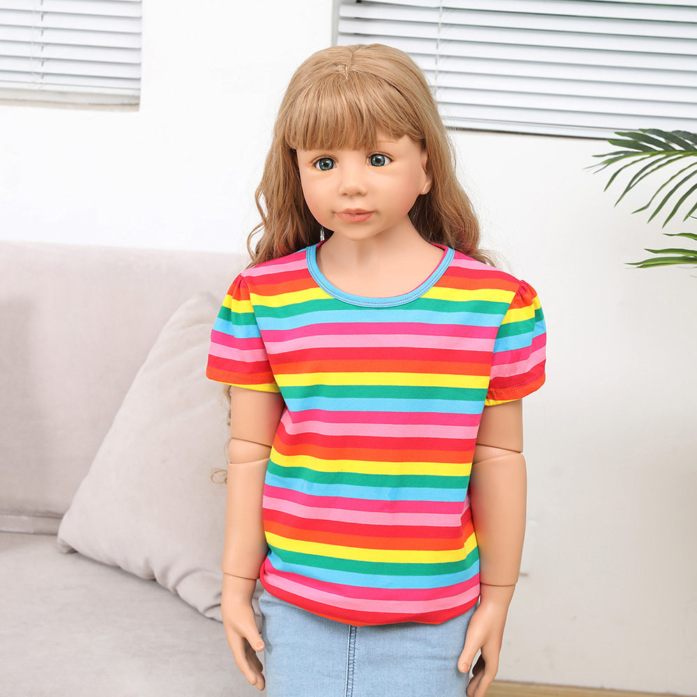 European and American children's clothing rainbow striped children's T-shirt cotton boys and girls round neck short sleeve summer jacket half sleeve wholesale