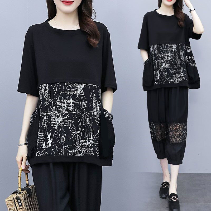 Large Size Chubby Girl Summer Women's Casual Loose Fashion Belly Covering Foreign Style Short Sleeve Two-piece Set