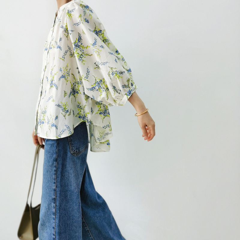 Picture of Does not support 7-day French holiday style silk cotton printed cropped lantern sleeve shirt women's loose button doll shirt