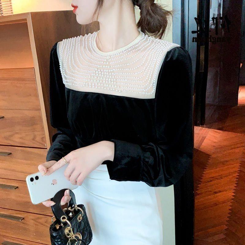 Design Sense Niche Beaded Stylish Long-sleeved T-shirt Women's 2022 Autumn New European Goods Small Shirt Velvet Base Shirt