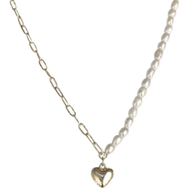 Picture of Natural Freshwater Pearl Necklace Women's Asymmetric Stitching Clavicle Chain Love Pendant Neck Chain Niche Design Sense Jewelry