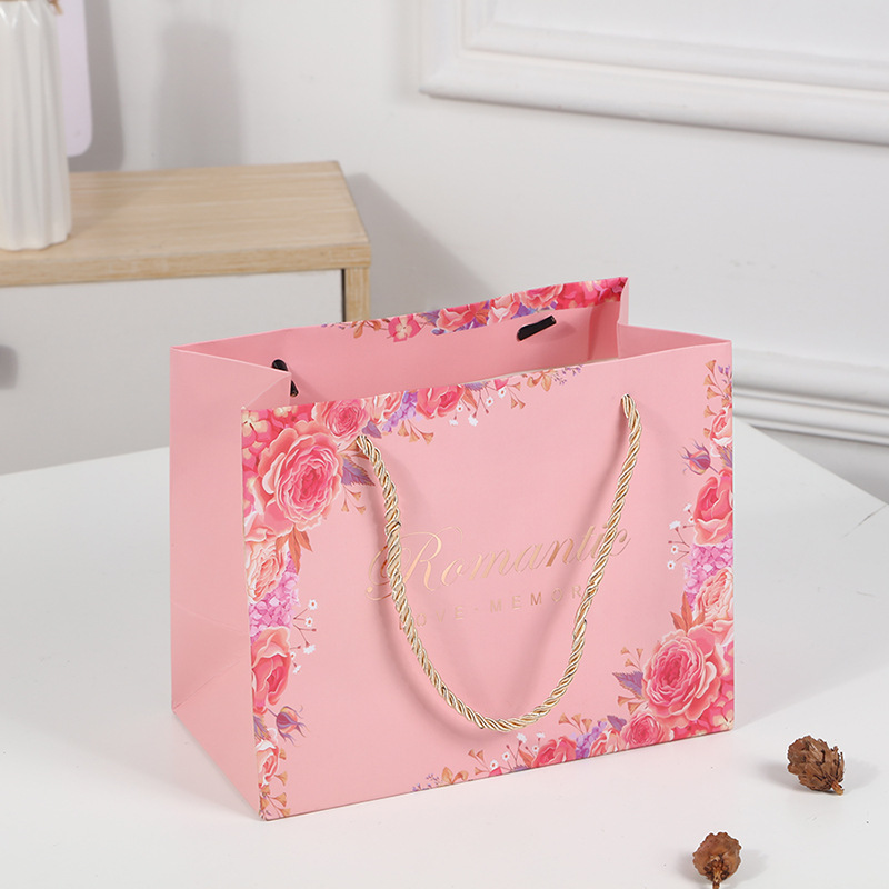 Custom Pink Flower Tote Bag Custom logo Shopping Bag Birthday Gift Packaging Bag Thickened White Cardboard Bag