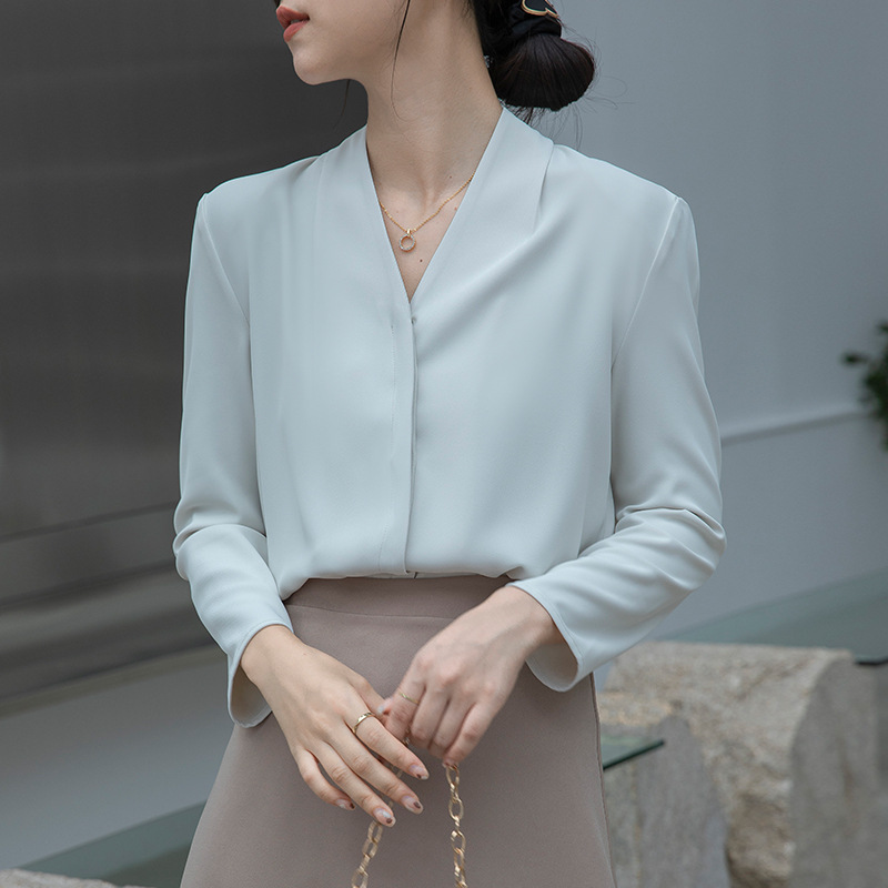 Real shot 2022 Autumn New Korean style versatile V-neck long sleeve elegant slim women's chiffon shirt autumn top