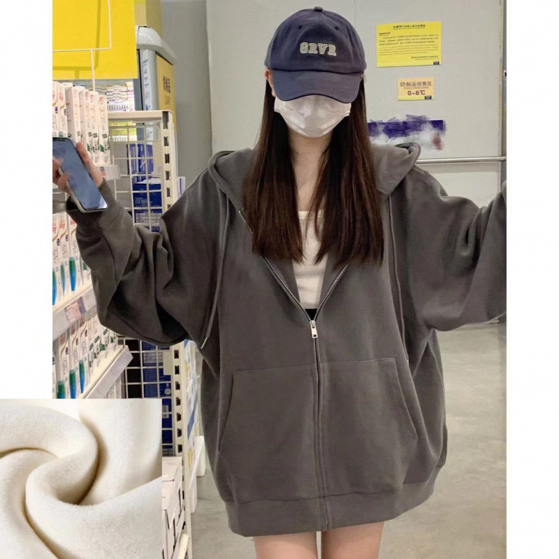 Picture of Hooded Sweater Jacket Women's 2024 New Retro Spring Autumn Winter fleece-lined Thickened All-match Loose Zipper Casual Cardigan