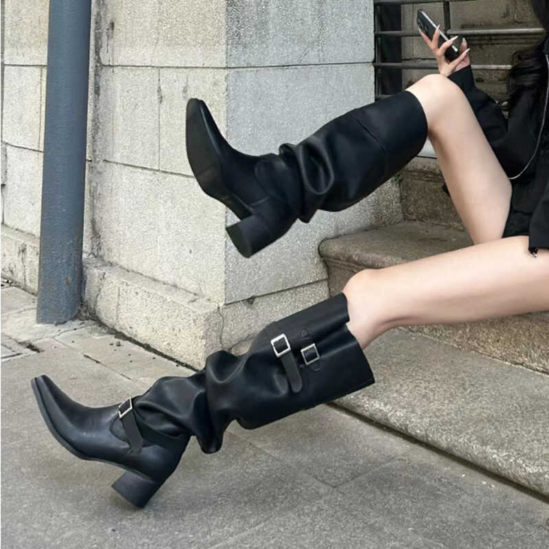 Korean Style Large-scale Heap Boots Women's Thick Heel-less Knee Boots 2024 Autumn Belt Buckle Western Boots Fashion Long Boots