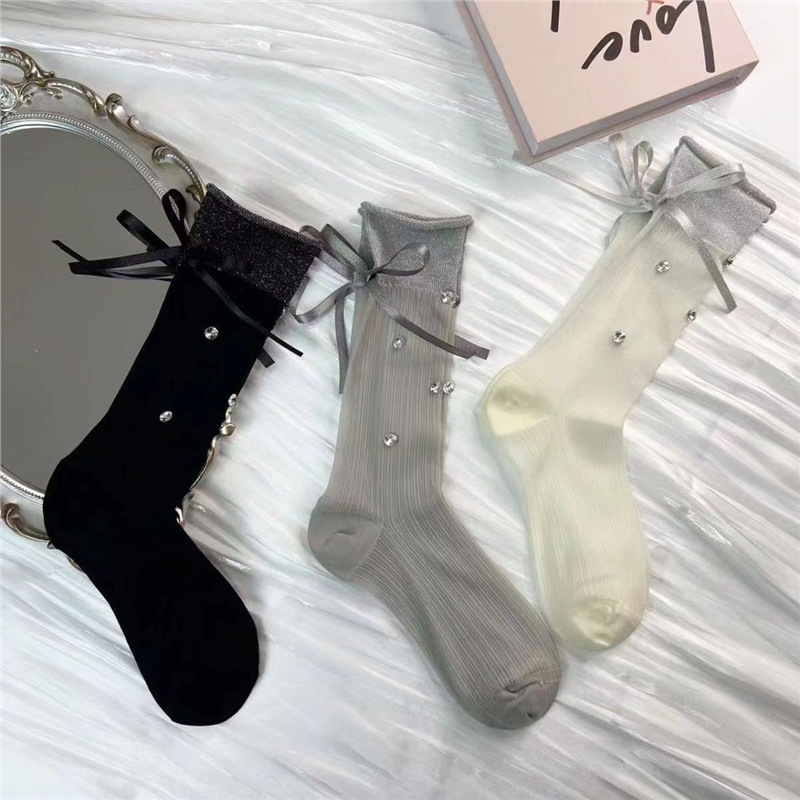 Heavy industry hot drilling gold and silver wire organza bright silk bow rhinestone mesh tube socks hollow solid color tube