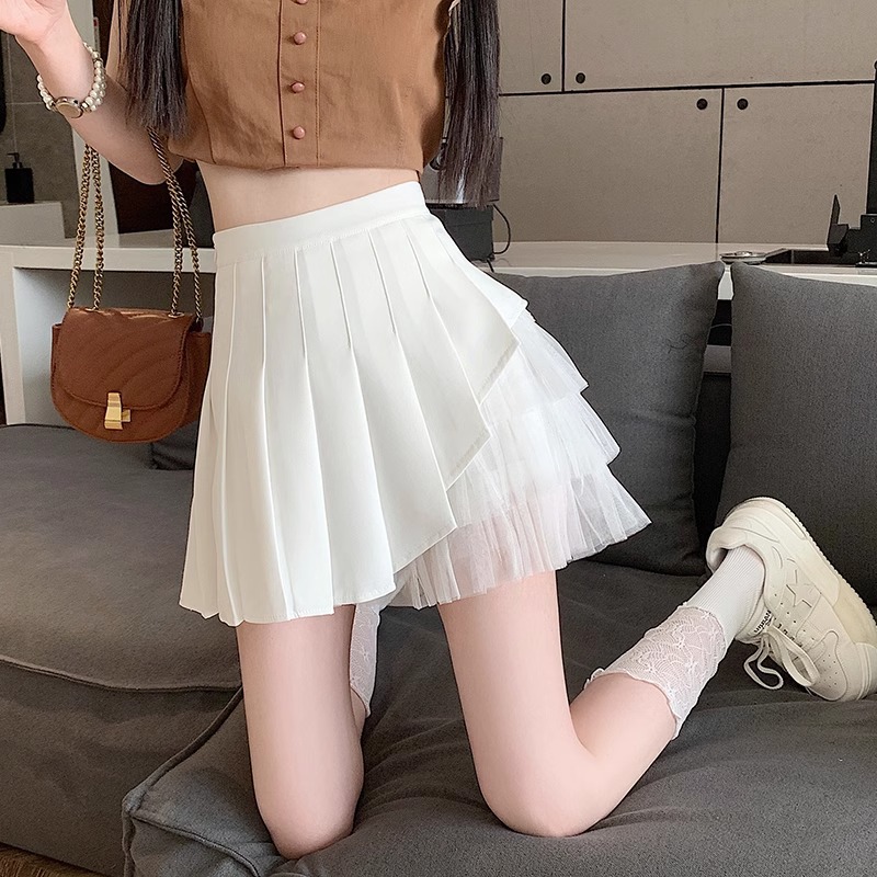Irregular pleated skirt high waist mesh skirt women's summer 2024 spring new A- line skirt skirt skirt pantskirt