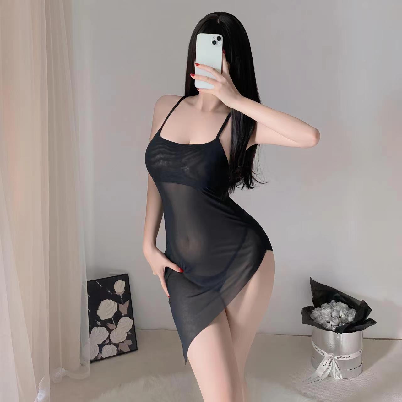 Night three-point sexy lingerie women's sexy strap nightdress hot transparent thin off-free pajamas passion small chest uniform