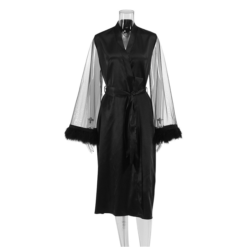 2024 New Autum European and American Cross-Border Pajamas Fashionable Feather Splicing Mesh Purple Nightgown Women's Home Clothes