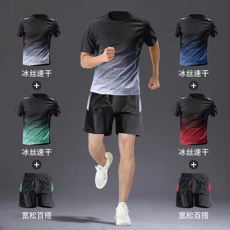 Sportswear suit Men's and Women's Ice Silk Quick-drying Clothes Summer Short-sleeved T-shirt Fitness Clothes Loose Training Running Shorts