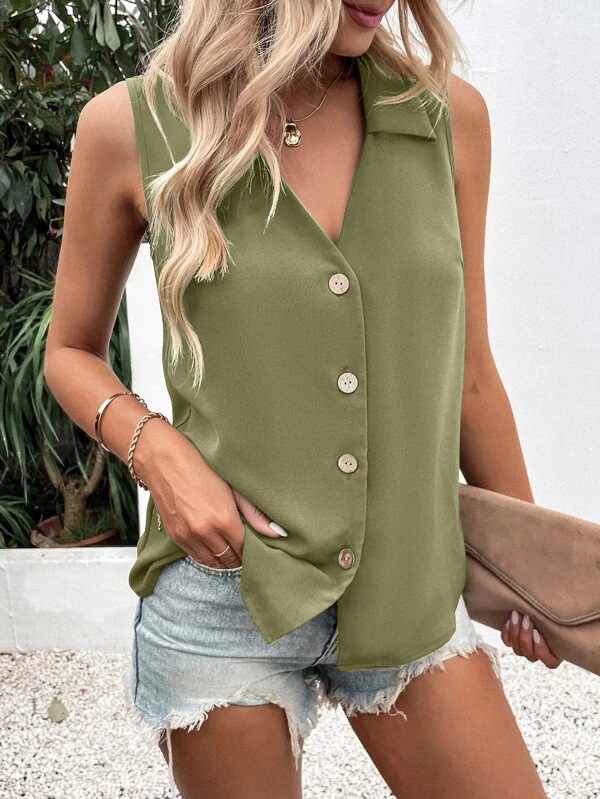 Picture of 2025 European and American Cross-Border Summer New Women's Clothing Pure Color V Neck Loose Chiffon Shirt Sleeveless Twist Button Vest Shirt for Women