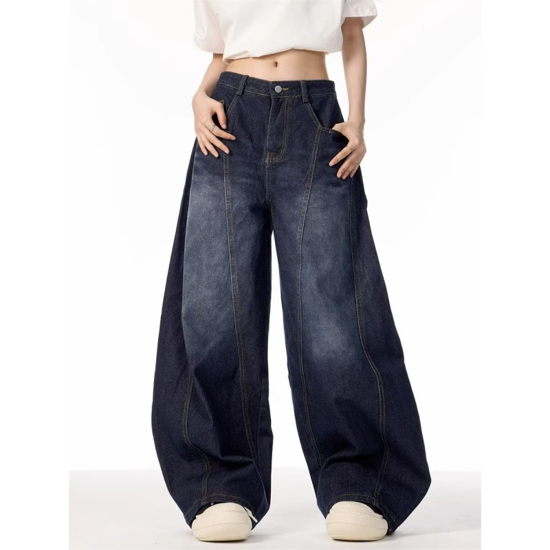 2024 American High Street Washed Dark Blue Scimitar Jeans Autum New Loose Wide Leg Sickle