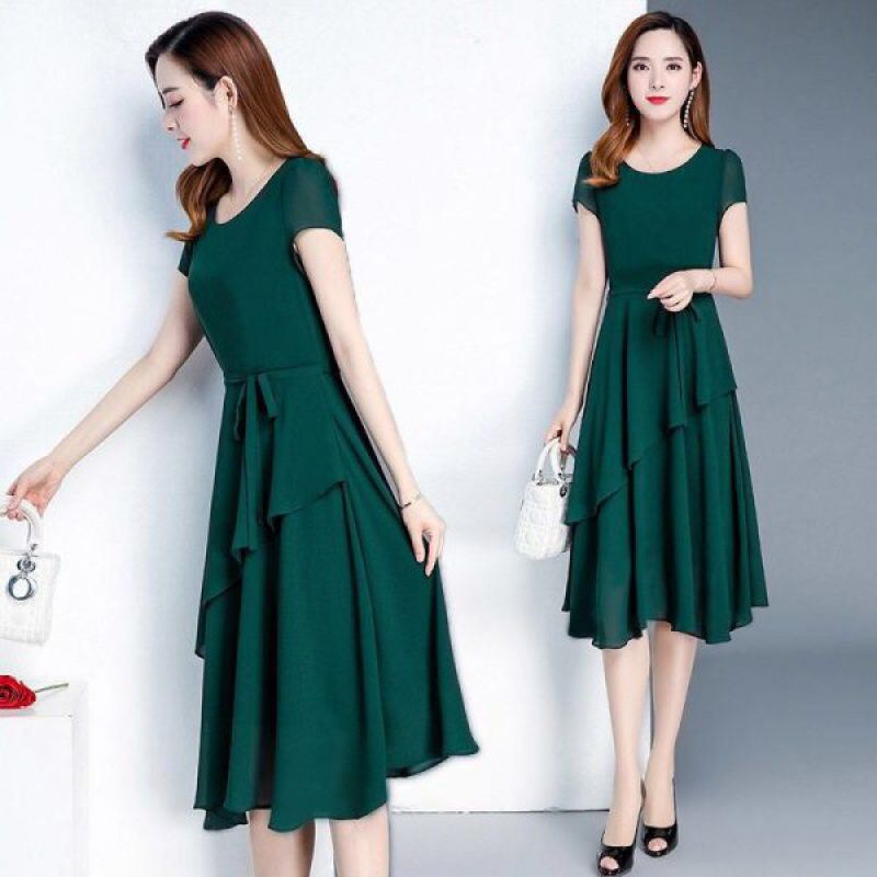 Cross-border 2024 new summer high-end waist slimming age-reducing temperament long round neck plus size women's clothing with trend