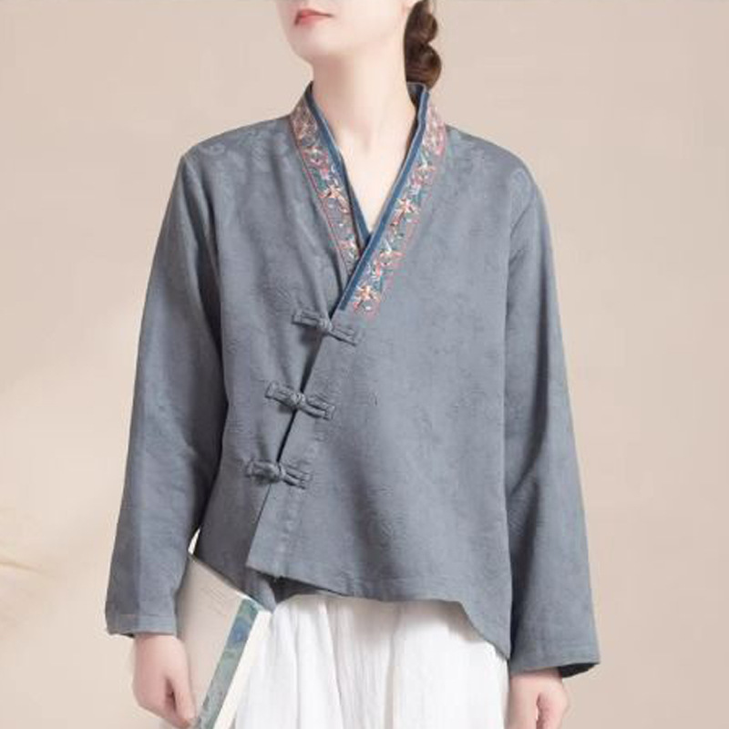 Women's Spring and Autumn Cotton and Linen Chinese Style Retro Placket Embroidered Button Long Sleeve Shirt Han Dynasty Loose Literary Style Top