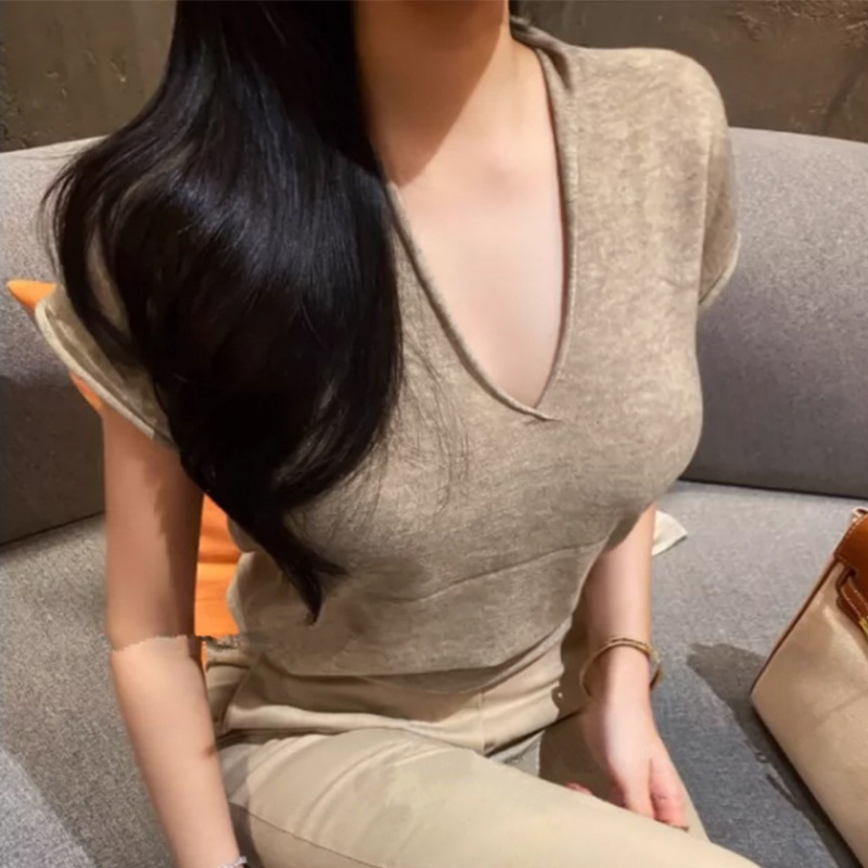 Korean Spring and Summer New Style, Simple V-Neck, Slim Fit, Comfortable, Slimming, Versatile Short-Sleeve Knit Top T-Shirt for Women