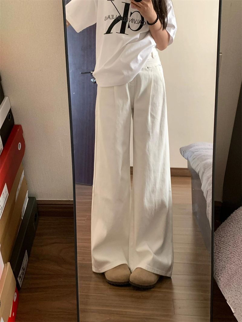 White High-Waisted Jeans 2025 Spring and Autum New Slim Loose Pleated Wide-Leg Straight Casual Draped Pants