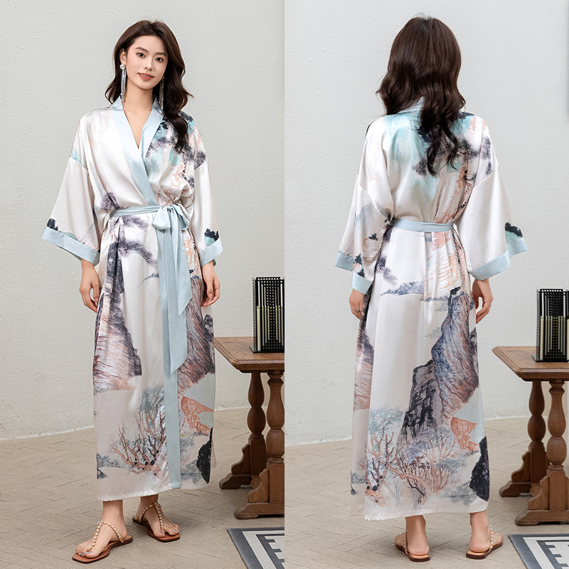 Picture of Yaoting Satin Printed Pajamas for Women Summer Large Size Accessible Luxury Three-Quarter Sleeves Cool Long Nightgown Home Wear Women Wp2669