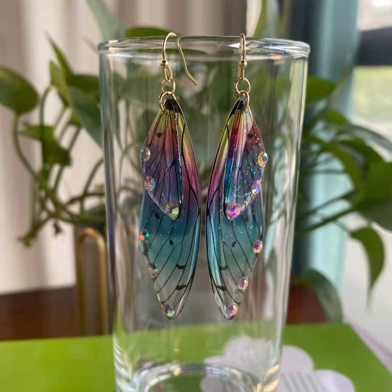 S925 Silver Cicada Wings Ear Hook Butterfly Earrings Temperament Super Fairy Long Earrings Cicada Wings Gradient Color Stud Earrings for Women