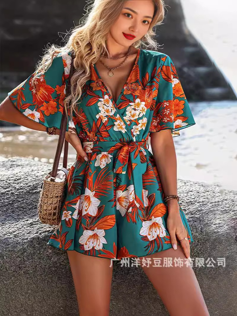 Cross-border Foreign Trade Beach Holiday Style Lotus-leaf Sleeve Cross-collar Belt Short Culottes Women's Loose Printed Jumpsuit