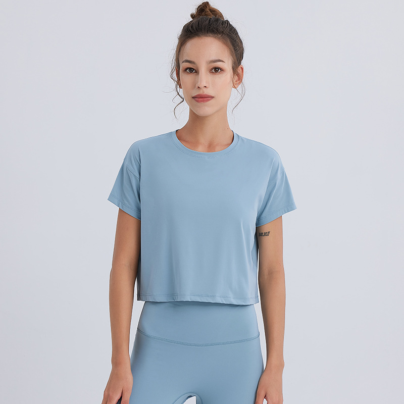 Picture of Soft and Skin-Friendly Spring and Summer Fashionable Navel-Baring Short-Sleeved T-Shirt, Loose and Breathable Running Outdoor Sports Yoga Wear for Fitness Women