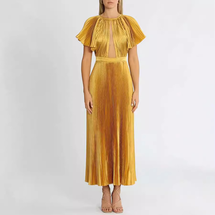 Amazon Women Cross Border Dinner Fashion Crewneck Pleated dress Solid Color Lotus Leaf Sleeve Ladies Evening Dress