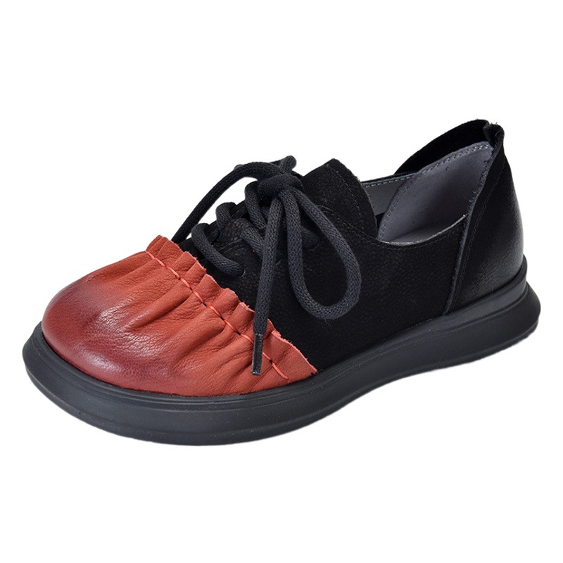 [Event Price 118] Women's Single Shoes Soft Leather Soft Sole Lace-Up Shoes Flat Bottom Color Matching Genuine Leather Shoes