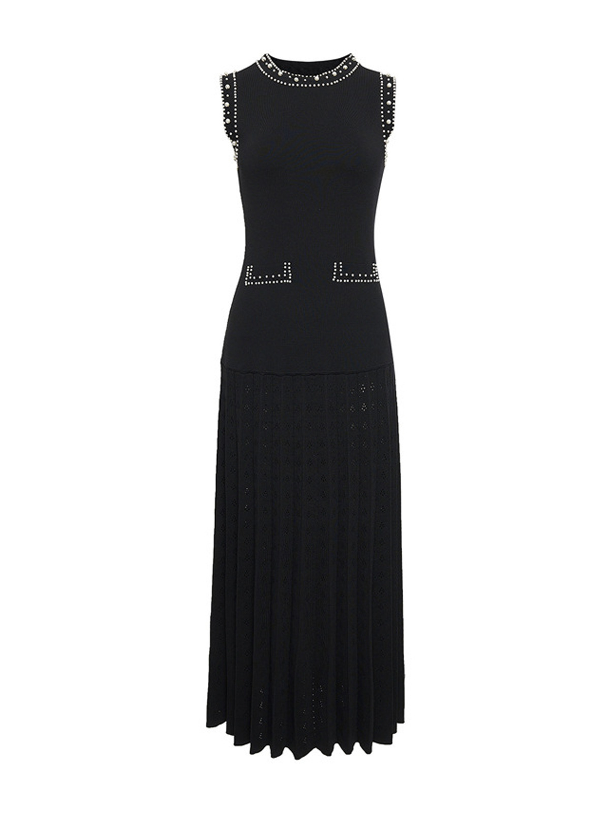 Picture of 2025 European and American Cut Out Pleated Long Skirt Accessible Luxury Pearl Hem Knitted Dress Round Neck Sleeveless Vest Dress