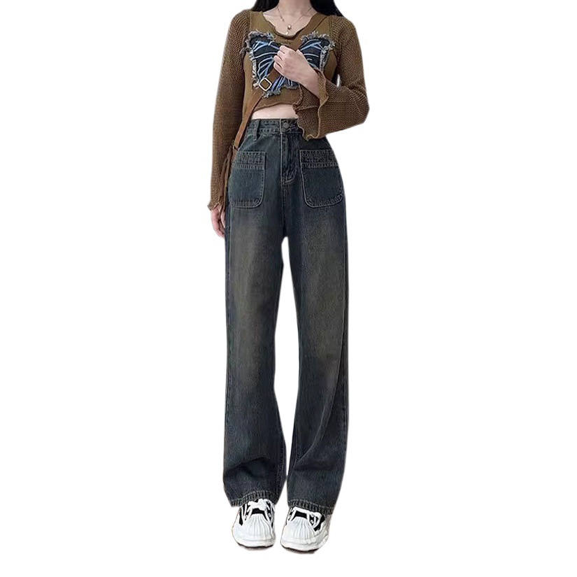 Cement Grey Design Pocket High Waist Denim Pants Women's Loose Nostalgic Straight Floor-length Short Narrow Wide-leg Pants