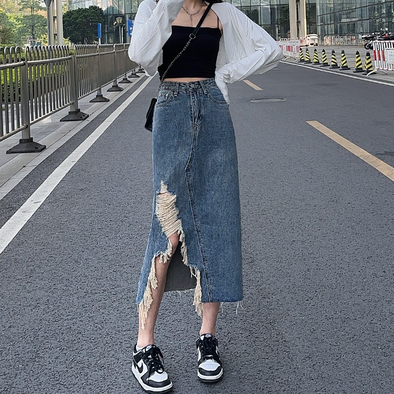 Pear-shaped large size irregular ripped denim skirt women's summer new slimming mid-length denim skirt