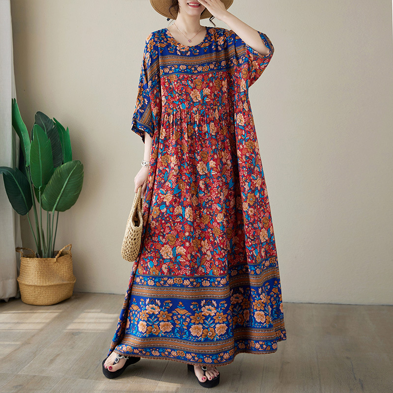 Large Size Dress Summer Round Neck Silk Printed Loose Short-sleeved Positioning Flower Simple Bohemian Dress 128